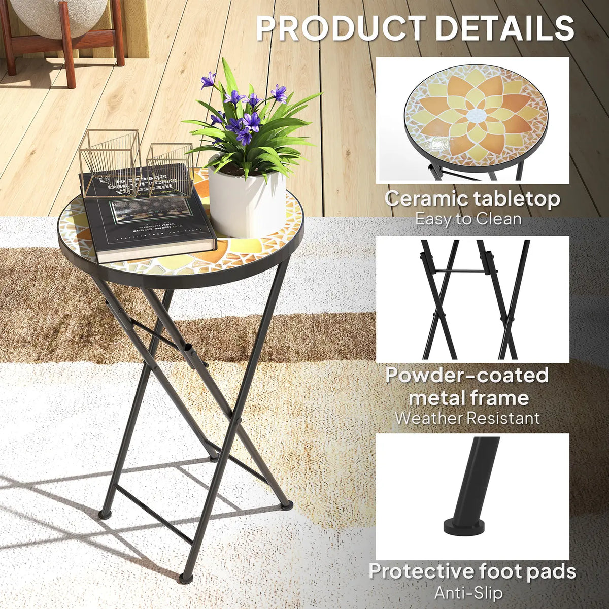 Outsunny Mosaic Outdoor Garden Table, 35.5cm Round Folding Coffee Table with Metal Frame for Balcony Terrace, Yellow