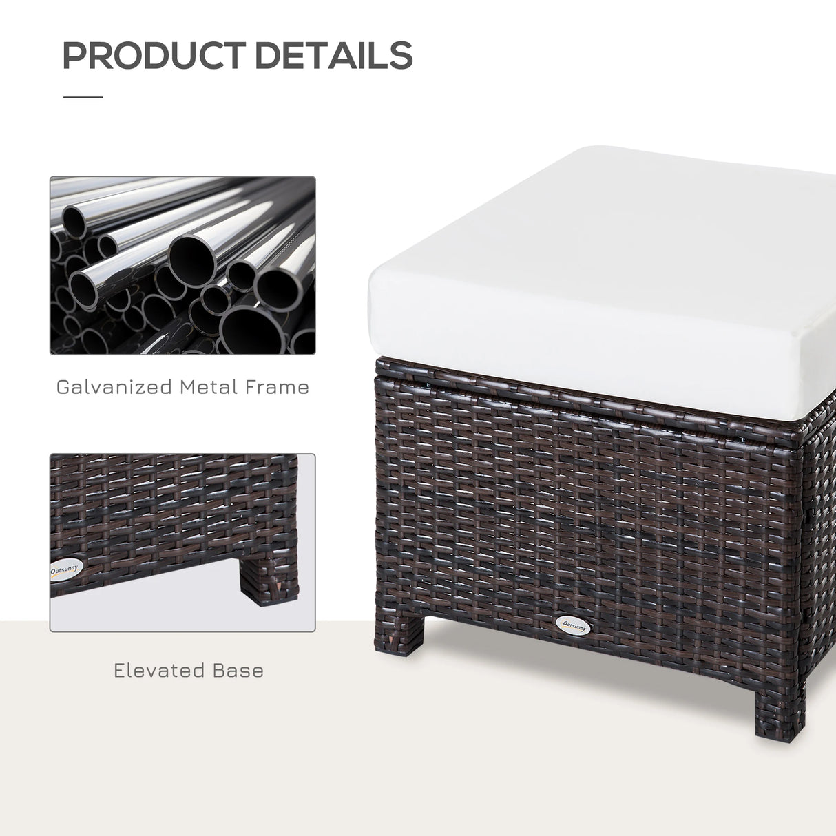 Outsunny Rattan Footstool Wicker Ottoman with Padded Seat Cushion Outdoor Patio Furniture for Garden Poolside Living Room, 50 x 50 x 35 cm, Brown