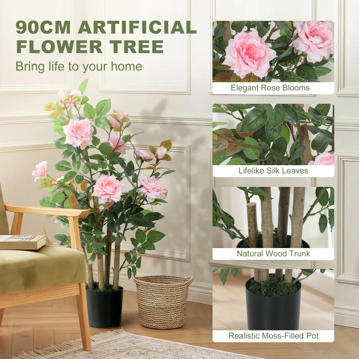 HOMCOM 90cm Artificial Rose Tree, Decorative Fake Plant with 344 Silk Leaves 17 Flowers for Outdoor Indoor Decor, Pink