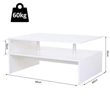 HOMCOM Coffee Table with Storage, 2-Tier Centre Table, Modern Living Room Table with Open Shelf and Aluminium Poles, White