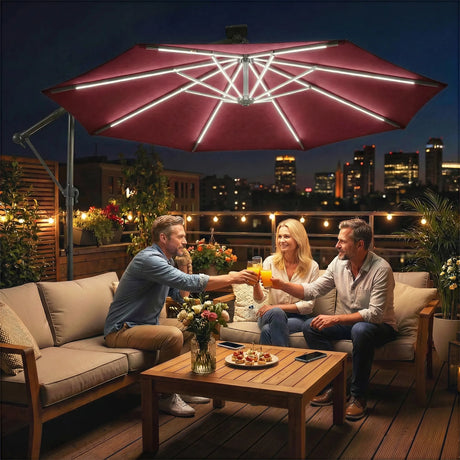Outsunny 3 m Garden Cantilever Parasol with LED Solar Light, Round Overhanging Umbrella with 360 Rotation, Cover, Wine Red