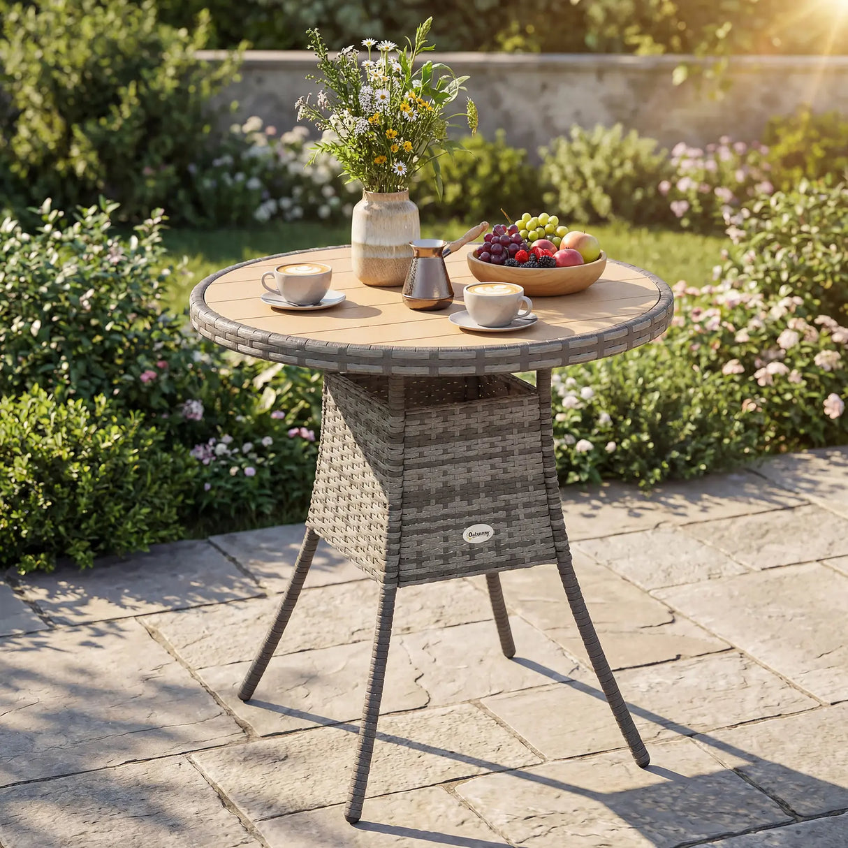 Outsunny 70 cm Wood-Effect Rattan Garden Table - Natural Wood Finish