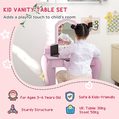 ZONEKIZ Kids Vanity Table with Mirror, Stool, Drawer, Storage Boxes, Cloud Design, for Ages 3-6 Years - Pink