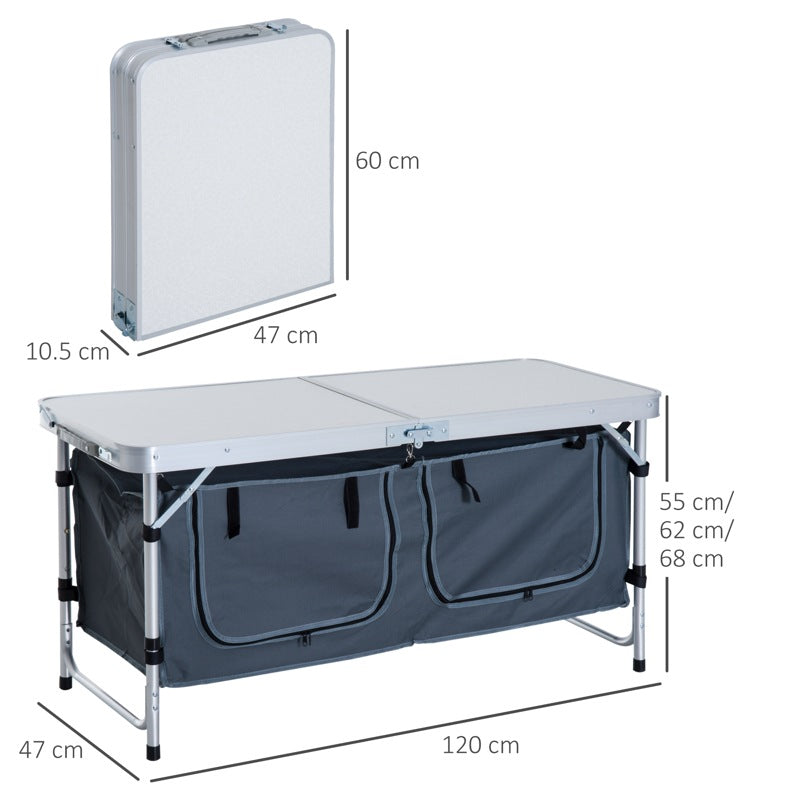 Outsunny 4ft Folding Picnic Table Portable Adjustable Camping Table Aluminum Outdoor Dining w/ Storage Underneath