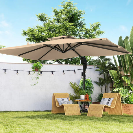 Outsunny 3.7 x 2.7 m Cantilever Parasol w/360 Rotation and Easy Tilt Adjustment, Aluminium Hanging Offset Outdoor Umbrella w/Double Top, Cross Base, UPF50+ Hanging Sun Shade, Black Pole