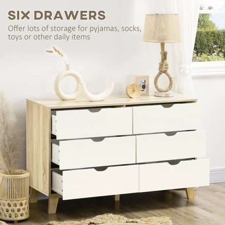 HOMCOM Bedroom Chest of Drawers, Wide 6-Drawer Dresser, Storage Drawer Unit with Wood Legs for Living Room, White and Light Brown