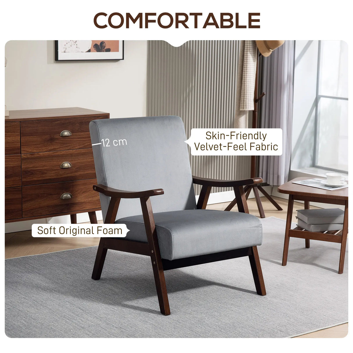 HOMCOM Nordic Accent Chair, Upholstered Velvet Armchair with Solid Wood Frame and Soft Thick Padded for Living Room, Bedroom, Grey