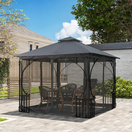 Outsunny 3 x 3m Garden Gazebo Patio Party Tent Shelter Outdoor Canopy Double Tier Sun Shade with Metal Frame and Netting, Dark Grey