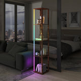 HOMCOM RGB LED Floor Lamp with Shelves, Modern Dimmable Standing Lamp with Remote Control, Adjustable Brightness & Speed for Living Room, Bedroom, Office, Rustic Brown