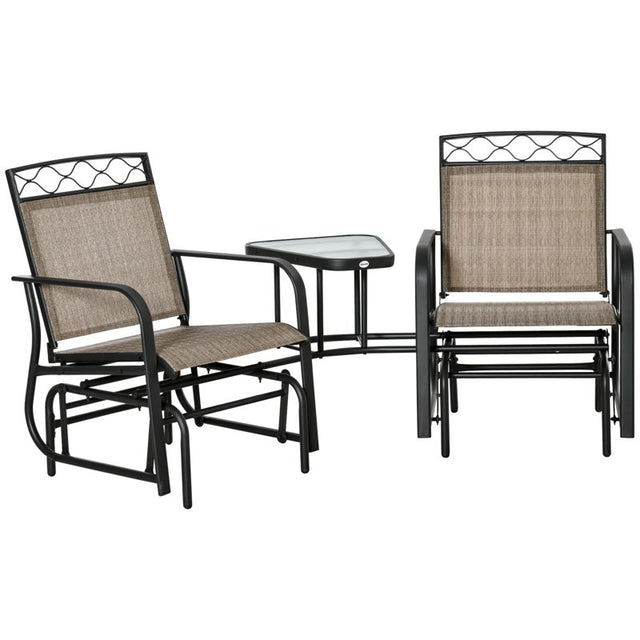 Outsunny Double Outdoor Glider Chair, 2 Seater Patio Rocking Chairs, Swing Bench with Tempered Glass Table, Breathable Mesh Fabric for Backyard, Garden, Porch, Brown