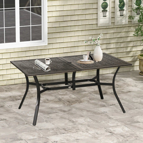 Outsunny Six-Seater Steel Garden Table, with 41mm Parasol Hole - Wood-Effect