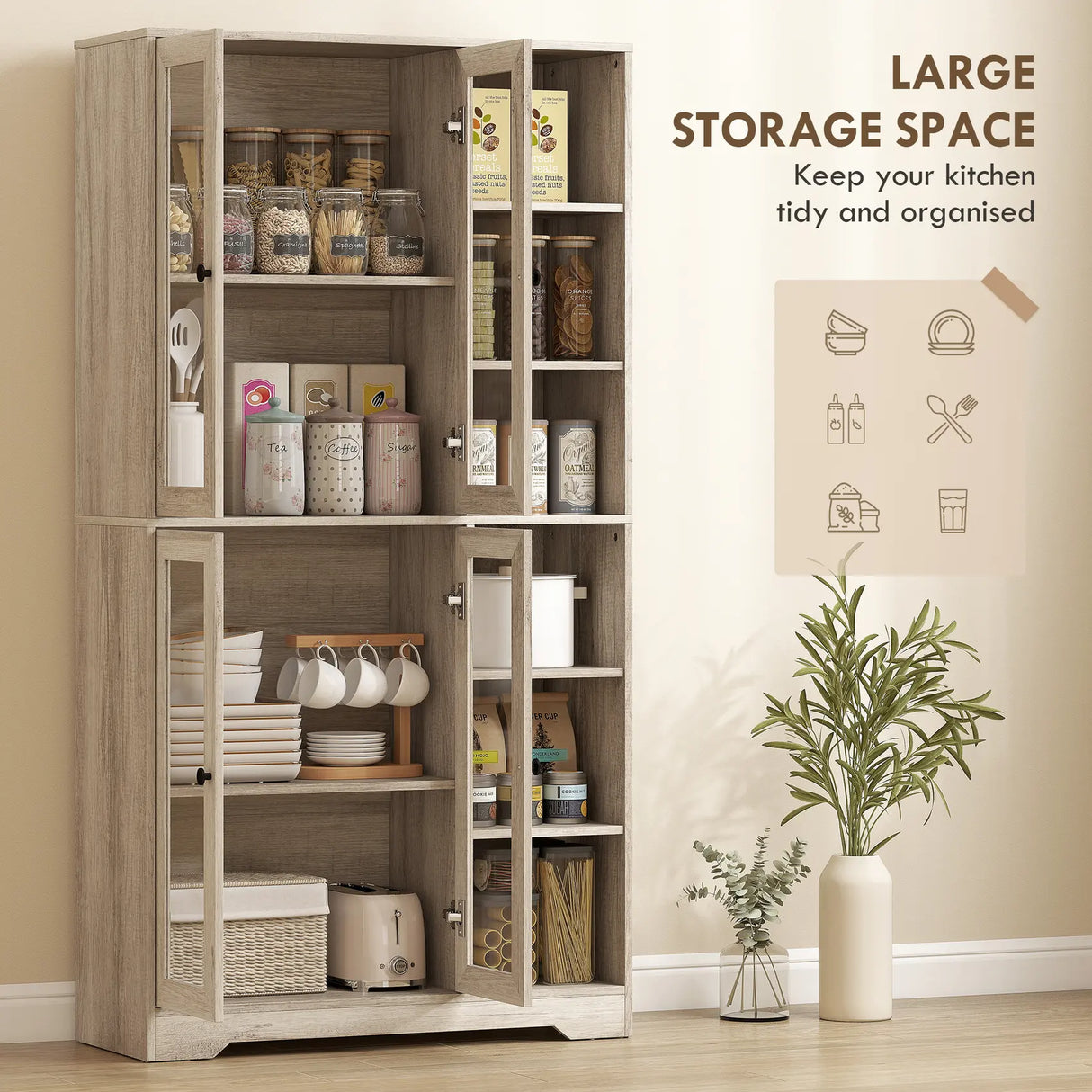 HOMCOM Multi-Storage Kitchen Cabinet, with Glass Doors - Grey Wood-Effect