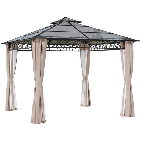 Outsunny 3 x 3 (m) Outdoor Polycarbonate Gazebo, Double Roof Hard Top Gazebo with Galvanised Steel Frame, Nettings & Curtains for Garden, Lawn, Patio and Deck, Khaki