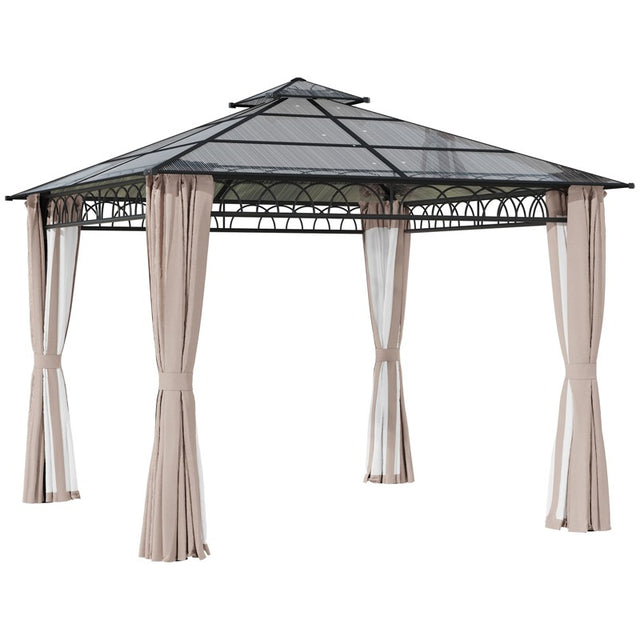 Outsunny 3 x 3 (m) Outdoor Polycarbonate Gazebo, Double Roof Hard Top Gazebo with Galvanised Steel Frame, Nettings & Curtains for Garden, Lawn, Patio and Deck, Khaki