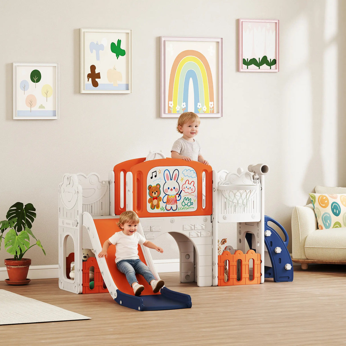 AIYAPLAY 7 in 1 Toddler Slide Set with Basketball Hoop, Climbing Frame, Telescope, Drawing Board, Storage Box, Orange