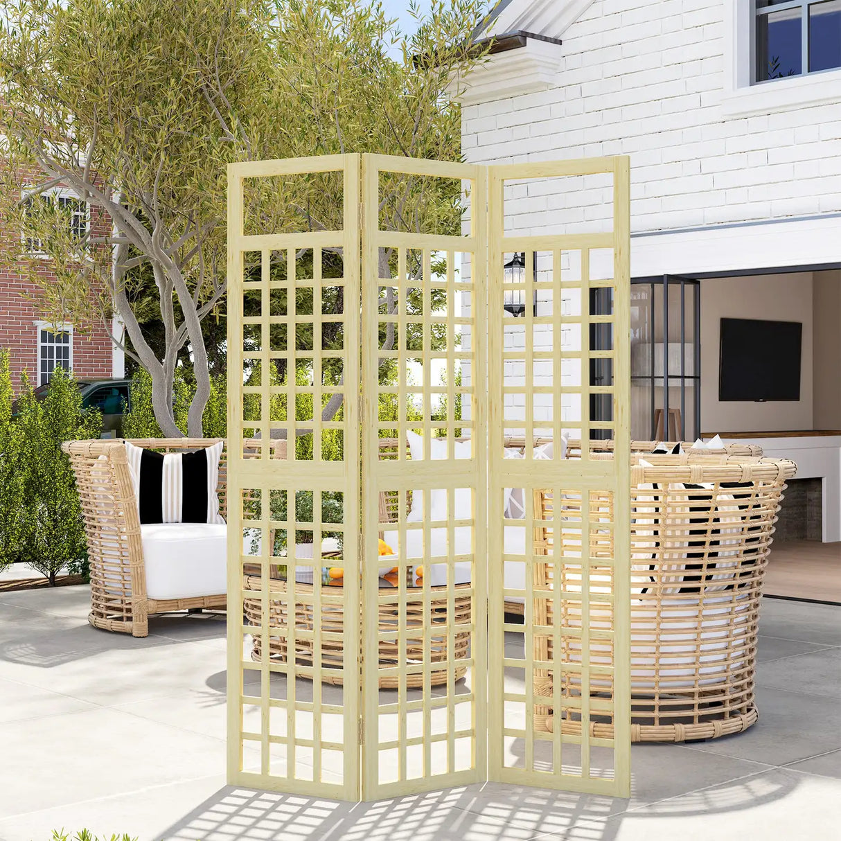 Outsunny 3-Panel Garden Privacy Screen, Freestanding Foldable Wooden Outdoor Divider/Trellis, Decorative Privacy Screen for Garden Patio, 120 x 170 cm, Natural Wood Finish