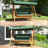 Outsunny 3 Seater 2-in-1 Wooden Garden Swing Seat Swing Chair Outdoor Convertible Hammock Bench Furniture Lounger Bed Wood, Dark Green