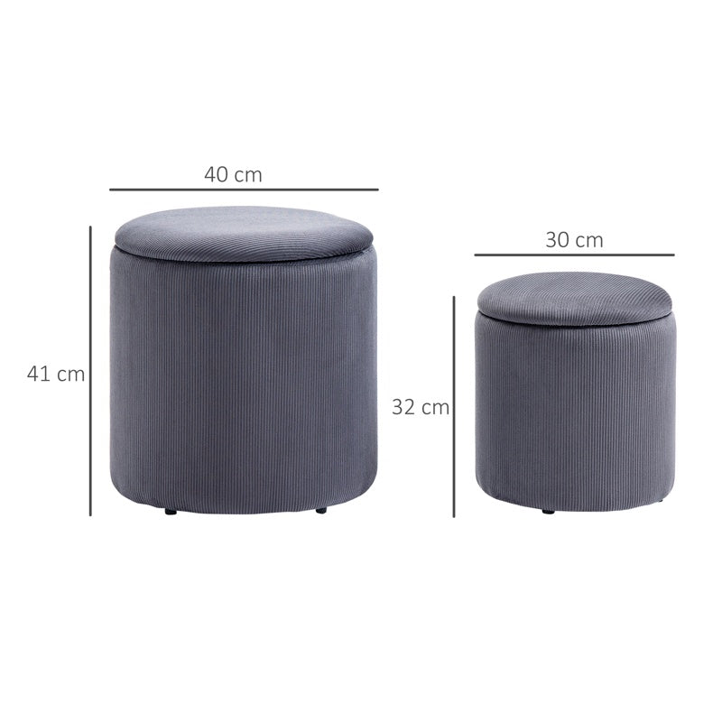 HOMCOM Modern Storage Ottoman with Removable Lid, Fabric Storage Stool, Foot Stool, Dressing Table Stool, Set of 2, Grey