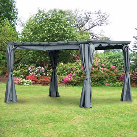 Outsunny 3.6 x 3(m) Outdoor Pergola with Retractable Roof and Curtains, Garden Gazebo Canopy Sun Shade Shelter with Aluminum Frame, Dark Grey