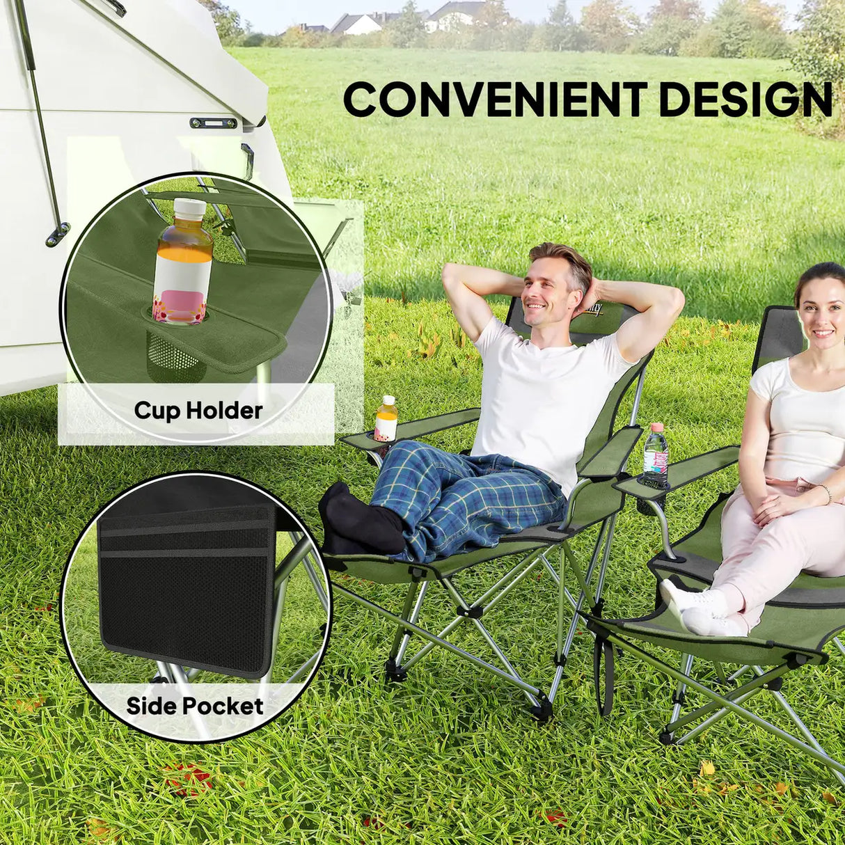 Outsunny Set of 2 Reclining Folding Camping Chair w/ Detachable Footrest, Storage Bag, Cup Holder & Headrest, Lightweight Portable Camp Chair for Beach, Picnic, Olive Green and Grey