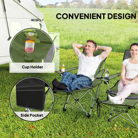 Outsunny Set of 2 Reclining Folding Camping Chair w/ Detachable Footrest, Storage Bag, Cup Holder & Headrest, Lightweight Portable Camp Chair for Beach, Picnic, Olive Green and Grey