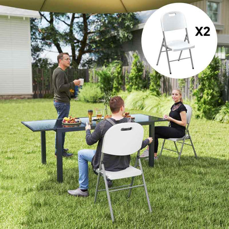 Outsunny Folding Chair Set of 2 with Steel Frame, Outdoor Chair Set with HDPE Backrest, Seat and Handles for Mobility, Garden Chair Set for Patio Deck Balcony, White