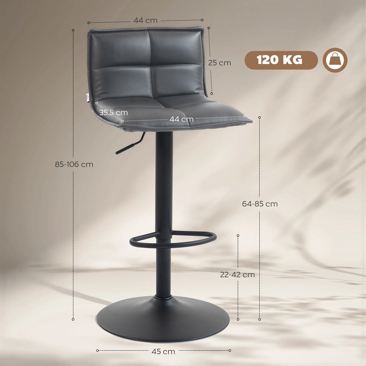 HOMCOM Set of Two Modern Faux Leather Bar Stools - Dark Grey