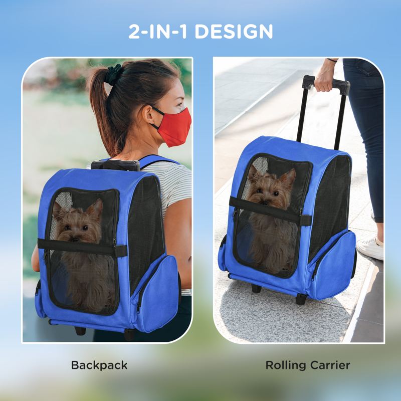 PawHut Pet Travel Backpack Bag Cat Puppy Dog Carrier w/ Trolley and Telescopic Handle Portable Stroller Wheel Luggage Bag (Blue)