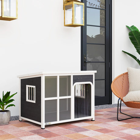 PawHut Wooden Outdoor Dog House, with Asphalt Openable Top, Removable Floor, Clear Front Panel, Curtain, 103 x 77 x 83cm
