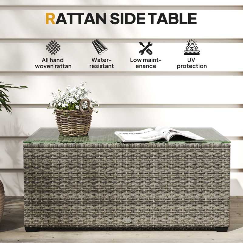 Outsunny 90 x 50cm Glass-Top Rattan Side Table - Dark Grey