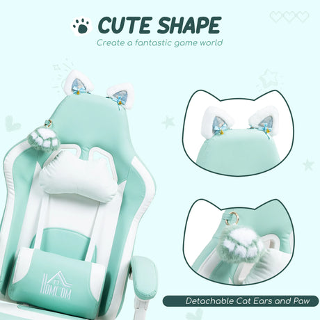 HOMCOM Cat Ear and Paw Reclining Office Chair, with Footrest - Light Blue/White