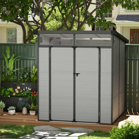 Outsunny 6 x 6ft Outdoor Storage Shed, Plastic Garden Shed with Windows and Air Vents, Outdoor Resin Tool Shed with Latch Doors for Garden, Deck, Light Grey