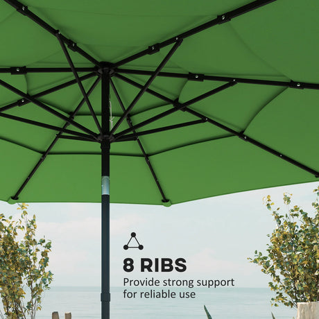 Outsunny Garden Parasol, Parasol Umbrella with 3-tier Roof, Crank Handle, Tilt Function, Polyester Canopy, Green