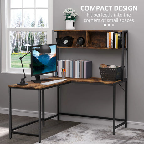 HOMCOM L Shaped Desk with Book Shelf, Industrial Corner Computer Desk, Writing Table with Steel Frame for Home Office, Bedroom, Study Room, 140 x 125cm, Brown
