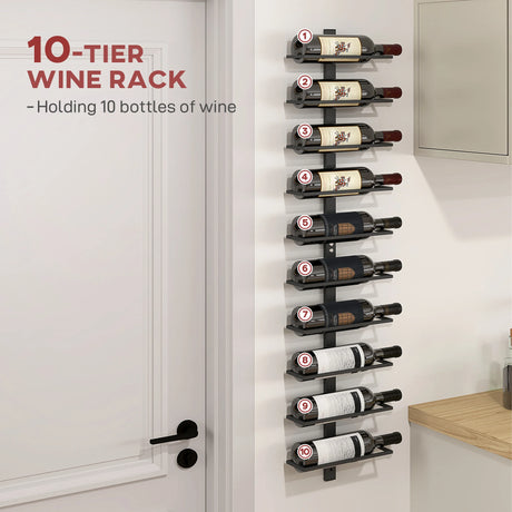 HOMCOM Wine Rack, Wall Mounted, 10 Tier Metal Wine Display Rack, Storage Holder for Kitchen, Dining Room, Bar, Cellar, Black