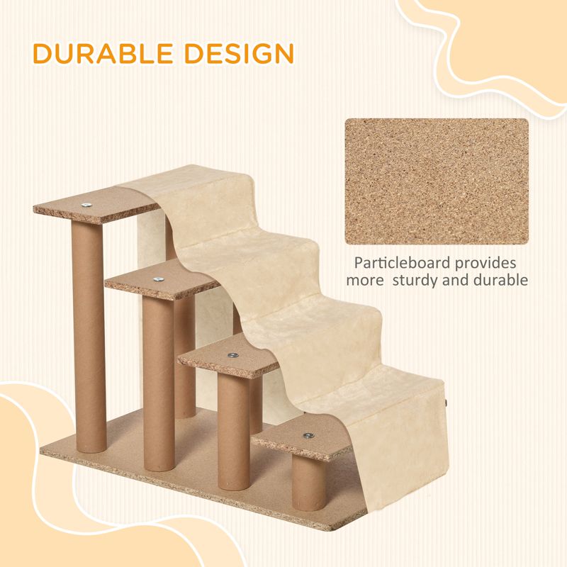 PawHut Four-Step Dog Stairs, with Washable Plush Cover, for High Bed Sofa, Dog Stairs for Small Dog and Cat - Beige