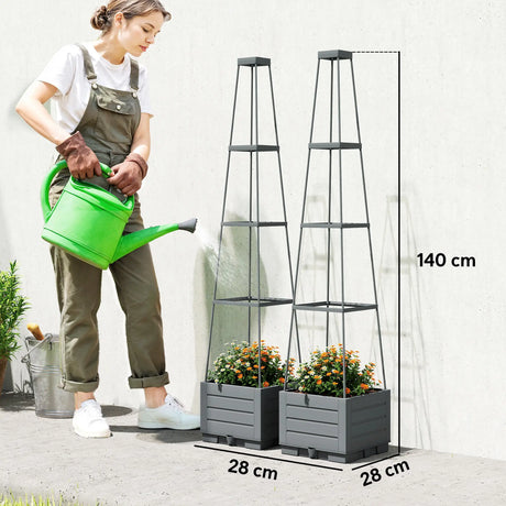 Outsunny 2 Pack Raised Garden Bed with Trellis, Plastic Outdoor Planter Box with Removable Drainage Tray