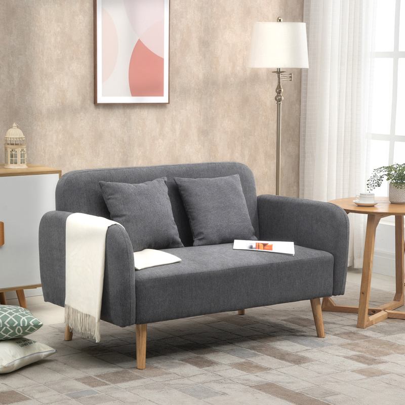 HOMCOM 2 Seater Sofa, Modern Fabric Loveseat Sofa, Small Couch with 2 Pillows, Armrest and Wood Legs for Living Room, Bedroom, Home Office, Grey