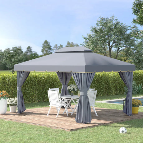 Outsunny 3 x 4m Aluminium Garden Gazebo, Marquee Canopy Shelter Pavilion Party Tent with Nets and Curtains for Garden and Deck, Grey