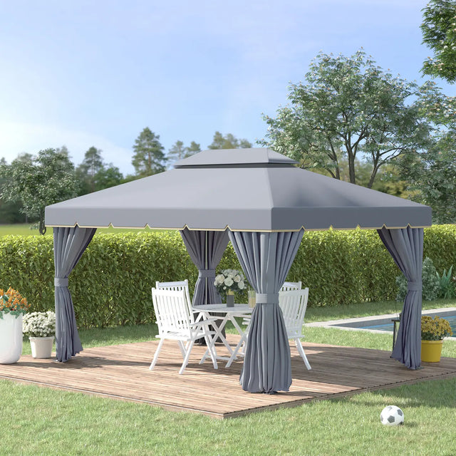 Outsunny 3 x 4m Aluminium Garden Gazebo, Marquee Canopy Shelter Pavilion Party Tent with Nets and Curtains for Garden and Deck, Grey