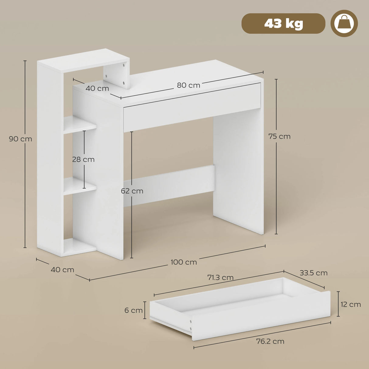 HOMCOM Desk with Storage, Computer Desk with 3 Open Shelves and Drawer, Workstation, Computer Table, White