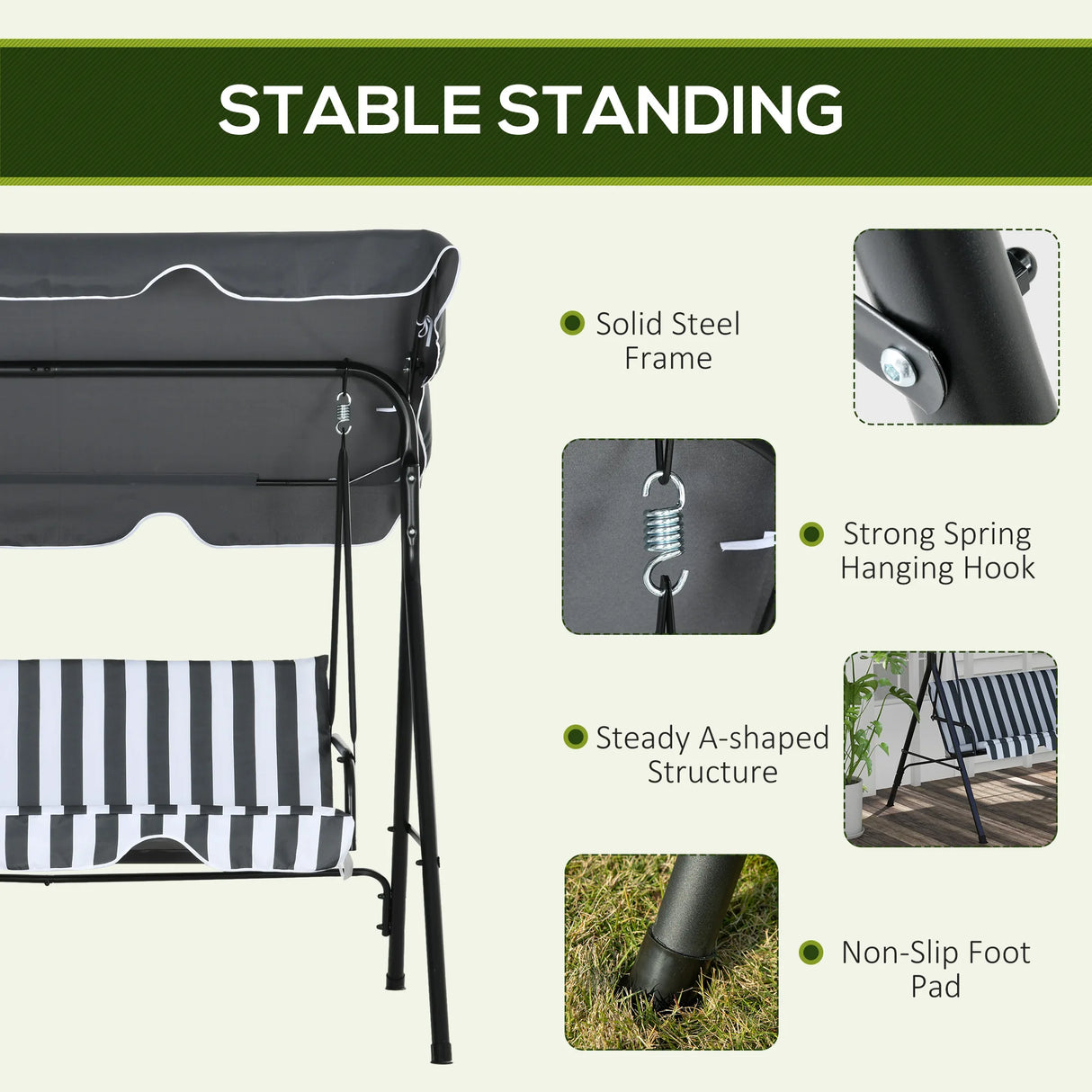 Outsunny 3 Seater Garden Swing Chair, Outdoor Swing Chair with Adjustable Canopy, Mental Frame & Cushions, Grey