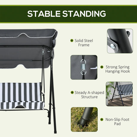 Outsunny 3 Seater Garden Swing Chair, Outdoor Swing Chair with Adjustable Canopy, Mental Frame & Cushions, Grey