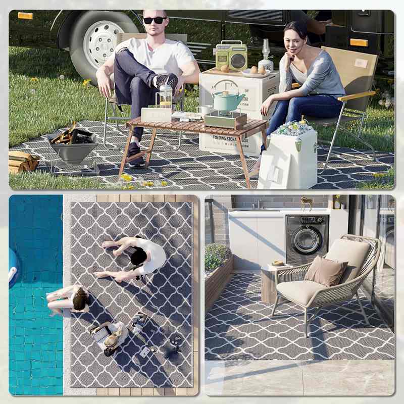 Outsunny Reversible Outdoor Rug with Carry Bag, Waterproof Plastic Straw Mat for Garden, Deck, RV, Picnic, Beach, Camping, 182 x 274cm, Grey