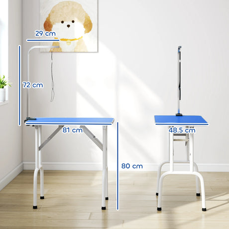 PawHut 32" Foldable Dog Grooming Table Pet Drying Beauty Table Adjustable Fixed Arm Rubber Top, Blue