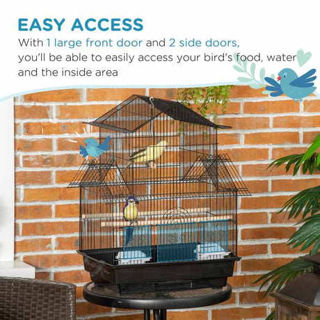 PawHut Metal Bird Cage with Plastic Swing Perch Food Container Tray Handle for Finch Canary Budgie 50.5 x 40 x 63cm Black