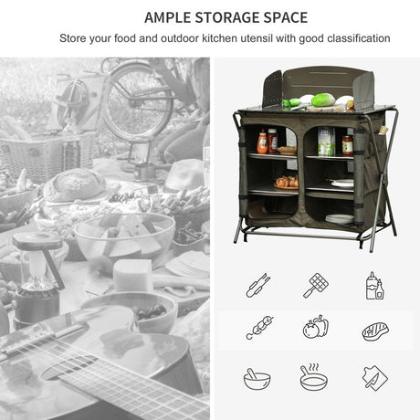 Outsunny Camping Cupboard Foldable Camping Kitchen Storage Unit w/ Windshield & 6 Shelves for BBQ Party Picnics Backyards with Carrying Bag