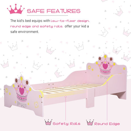 HOMCOM Kids Toddler Bed Princess Crown Theme Safety Side Rails Slats Home Bedroom Furniture Boys Girls 3-6 Yrs Pink 143 x 73 x 60 cm