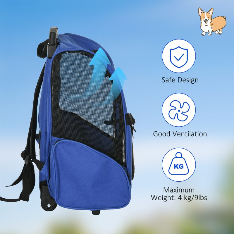 PawHut Pet Travel Backpack Bag Cat Puppy Dog Carrier w/ Trolley and Telescopic Handle Portable Stroller Wheel Luggage Bag (Blue)