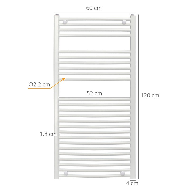 HOMCOM Curved Heated Towel Rail, Hydronic Bathroom Ladder Radiator Towel Warmer For Central Heating 600mm x 1200mm, White